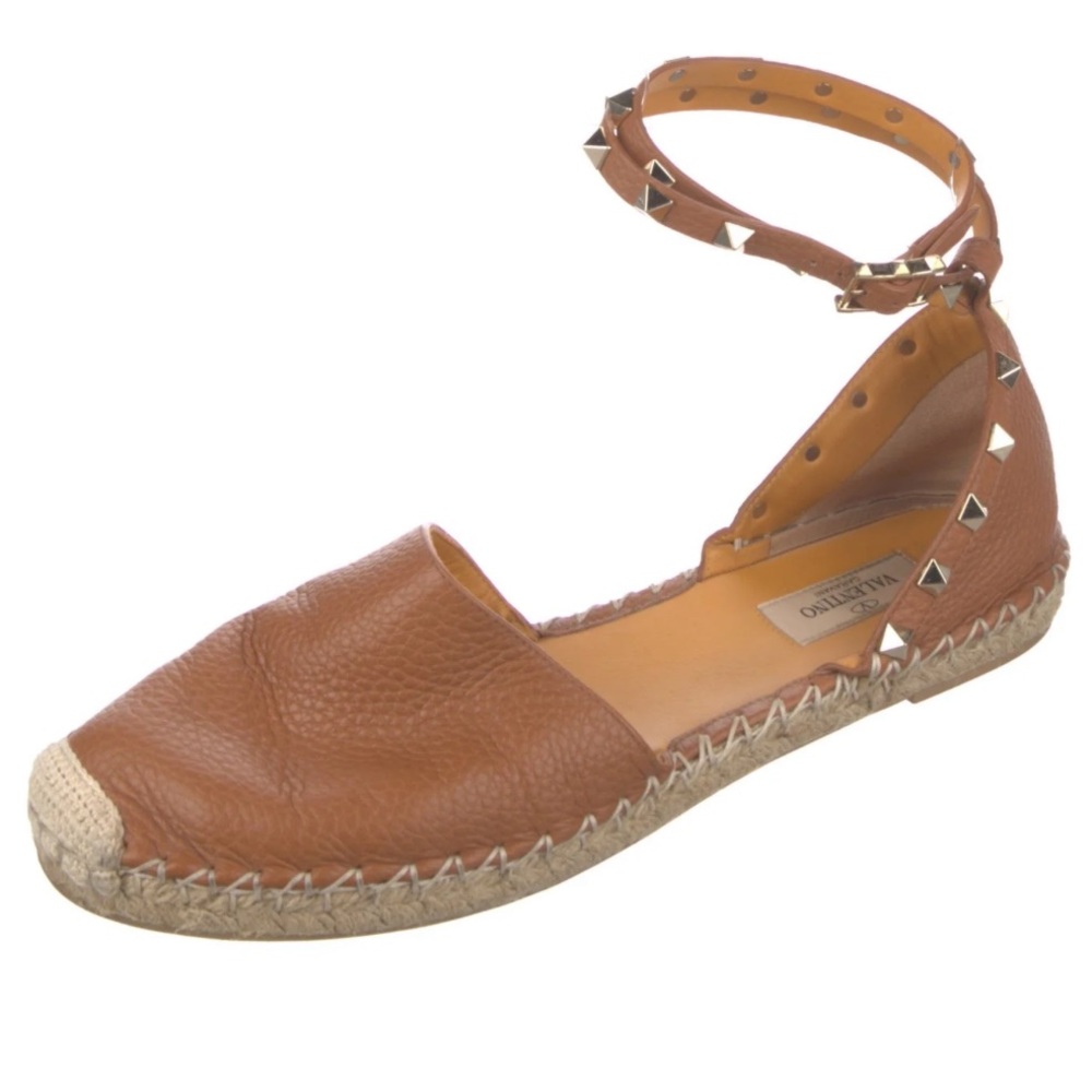 Authentic Valentino Brown Leather Ankle-Strap Espadrille Loafers